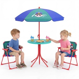 Vaikiškas lauko staliukas su skėčiu nuo saulės ir 2 sulankstomomis kėdėmis